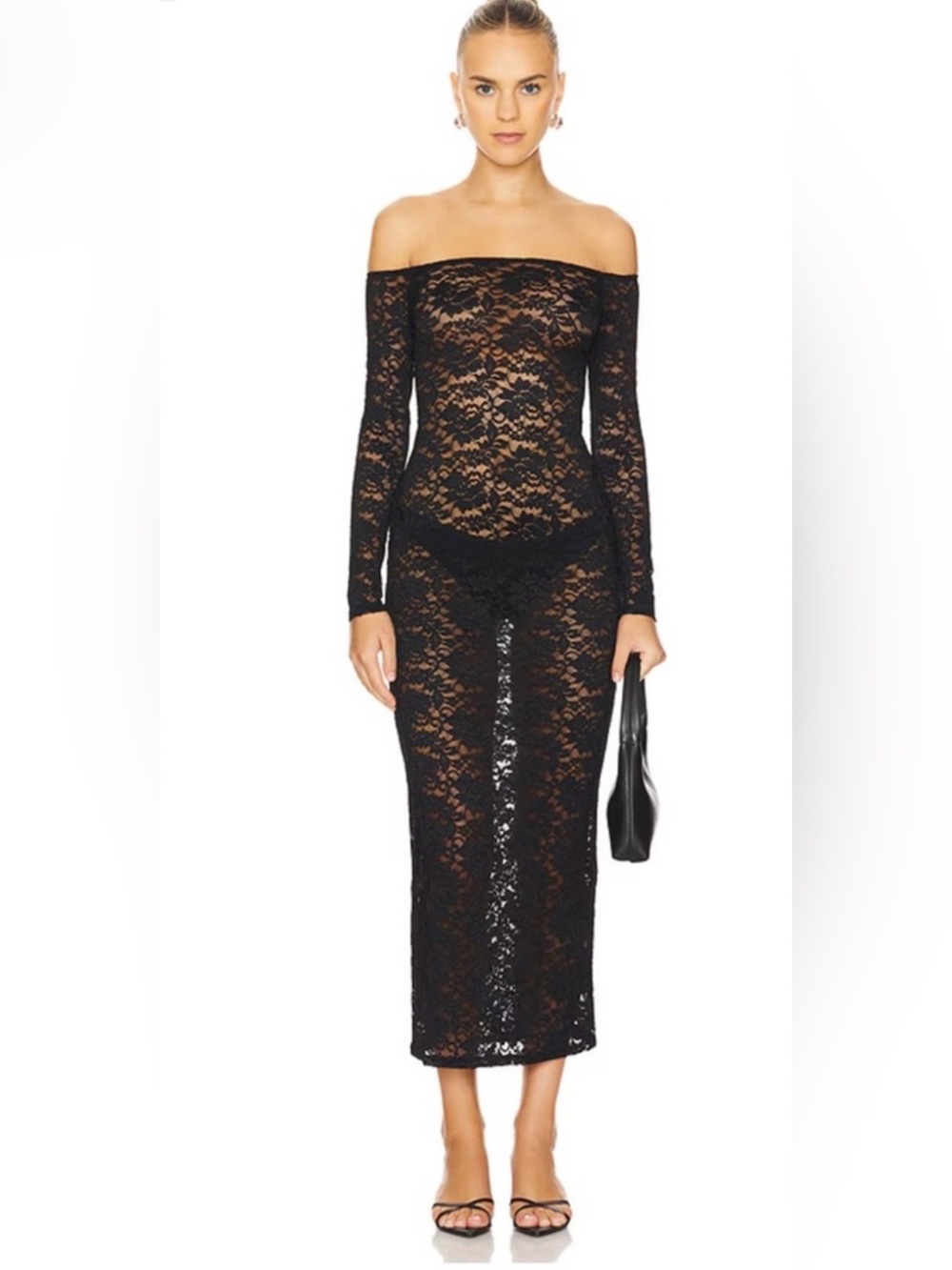 Superdown Larsa Black Lace Maxi Dress Off-Shoulder Sheer Bodycon See-through S